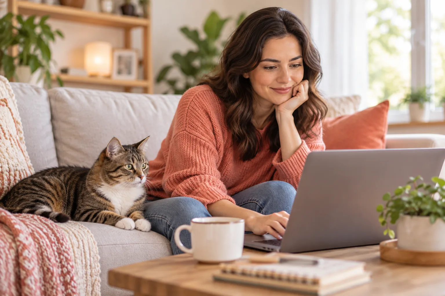 Owner seated beside a cat while reviewing information on a laptop